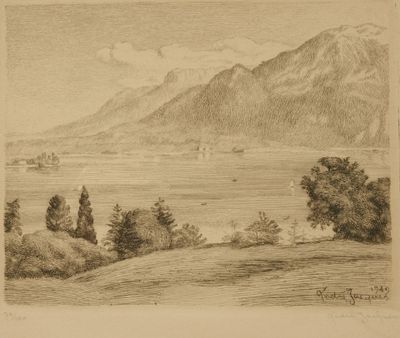 dessin représentant une vue sur un lac avec des montagnes en arrière-plan