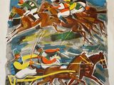 a painting of a horse race with jockeys and horses