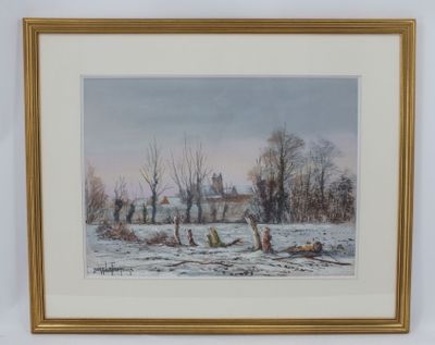 une image représentant un tableau représentant un paysage enneigé avec une maison en arrière-plan