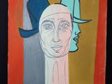 une image représentant un tableau où l'on voit un homme coiffé d'un chapeau et un visage de femme