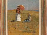 une image représentant un tableau où l'on voit une femme avec une ombrelle dans un champ