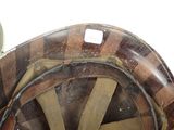 a close up of a helmet on a chair
