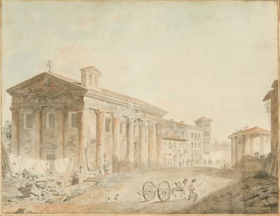 tableau représentant un vieux bâtiment devant lequel se trouve une calèche