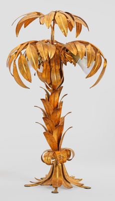 Hollywood Regency-Tischlampe 3-flg. ; Metall, vergoldet. Kor…