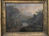 an oil painting of a mountain scene with a river in the foreground