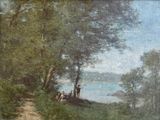 a painting of a group of people sitting on a hill by the water