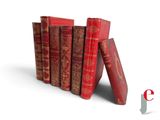 several red books are stacked on top of each other on a white surface