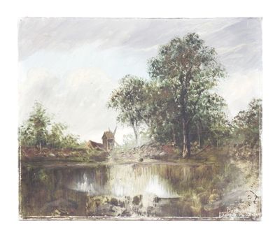 École du XIXe siècle. Paysage lacustre et moulin. - Photo 1