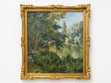 une peinture représentant une rivière et des arbres, dans un cadre doré