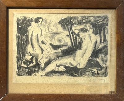 an image of a drawing of two nudes in a wood frame