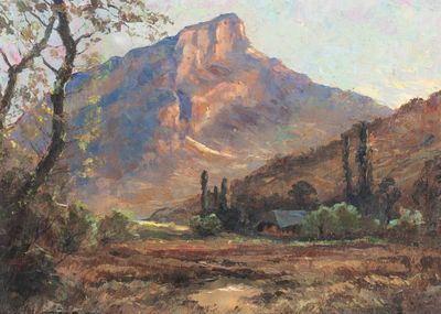 painting of a mountain scene with a river in the foreground and trees in the foreground