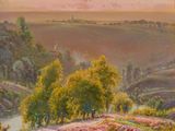 a painting of a landscape with a river and trees in the foreground