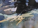 a painting of a man riding a surfboard on a wave