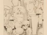 a drawing of a still life with a bottle and a glass