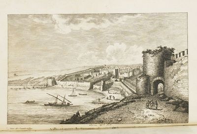 dessin représentant une vue d'une ville avec un château au bord de l'eau