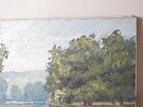 a painting of a lake and trees on the wall