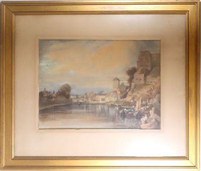 framed picture of a painting of a river scene with a boat in the foreground
