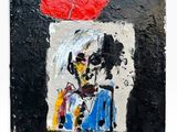 peinture abstraite représentant une femme avec un ballon rouge sur un fond noir et blanc