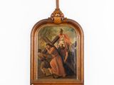 painting of jesus carrying the cross on a wall with other people