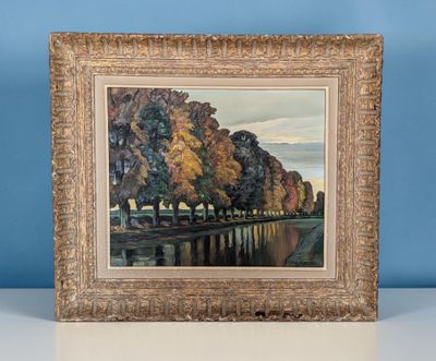 an oil painting of a river scene with a bridge and trees