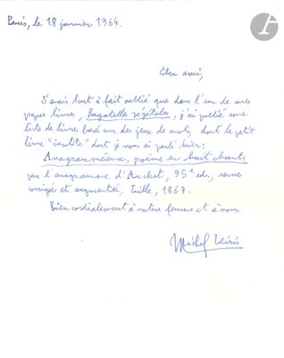 Michel LEIRIS (1901-1990). L.A.S., Paris 18 janvier 1964, à …