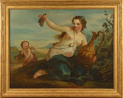 une image représentant un tableau où l'on voit une femme tenant une grappe de raisin