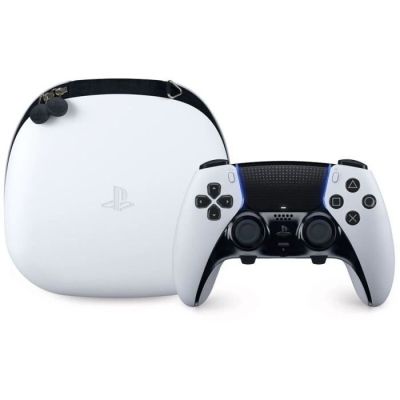 a close up of a controller and a bag on a white surface