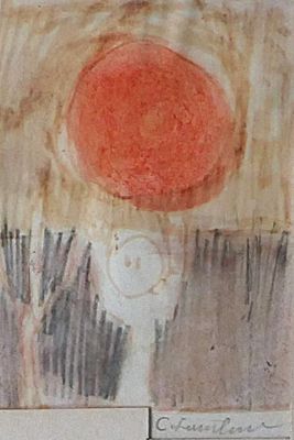 a picture of a painting of a red sun in a vase