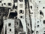 drawing of a black and white picture of a town with a steeple