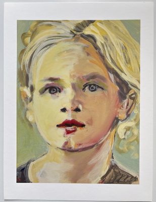 an oil painting of a young girl with blonde hair and blue eyes