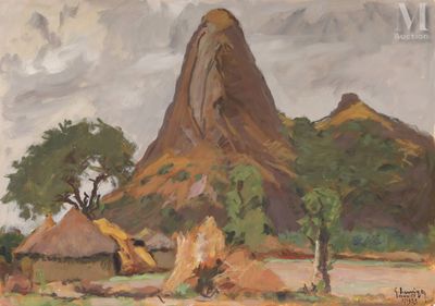 une image représentant une peinture d'une montagne avec une cabane au premier plan