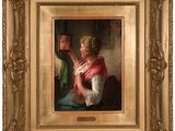 une image représentant un tableau d'une femme portant un châle rouge