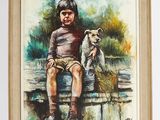 a painting of a young boy sitting on a bench with a dog