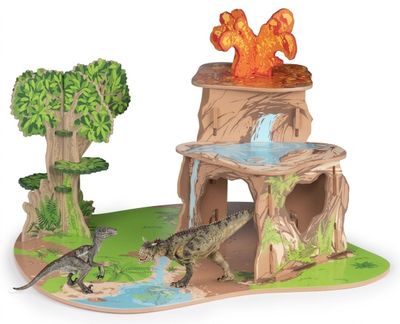 une image représentant une maquette d'une cabane dans les arbres avec une cascade et deux dinosaures