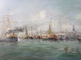 a painting of a group of ships in the water