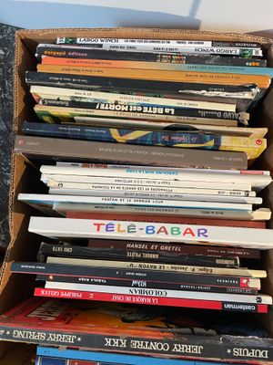 a lot of books in a cardboard box on the table