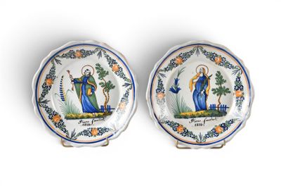 two plates with a picture of jesus and a woman on them