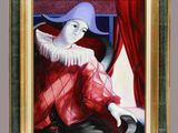 tableau représentant une femme coiffée d'un chapeau violet, assise sur une chaise