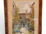 an image of a painting of a courtyard with potted plants