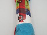 a blue towel that has a red car on it