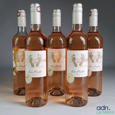 four bottles of wine are lined up on a white surface