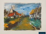 une image représentant un tableau d'un village avec un moulin à vent en arrière-plan