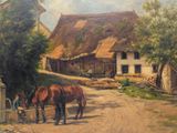 a painting of two horses standing in front of a house