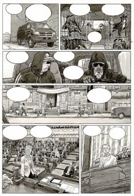 La bande dessinée montre un homme en sweat à capuche et une femme en sweat à capuche devant un camion.