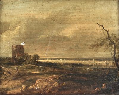 peinture représentant un paysage avec des moutons qui paissent au premier plan et un château au loin