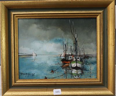une peinture à l'huile représentant des bateaux dans un port par temps nuageux