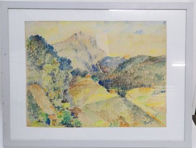 une aquarelle représentant une scène de montagne dans un cadre blanc