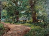 a painting of a dirt road with trees on both sides