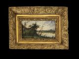 un tableau représentant un paysage avec des arbres et une rivière