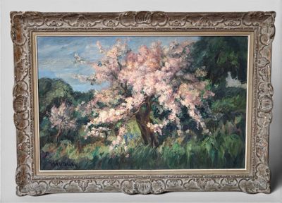 an oil painting of a tree in a field with a sky background